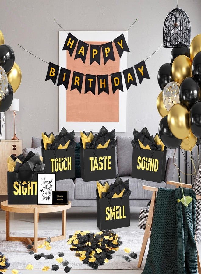 Draupnir 5 Senses Gift Bags for Him with Labels Party Decoration 5 Senses Gift Bags Comes with Birthday Decoration Rose Petals Happy Birthday Banner Balloons and Tissue Paper and Balloon Strap(Black Gold) - Image 4